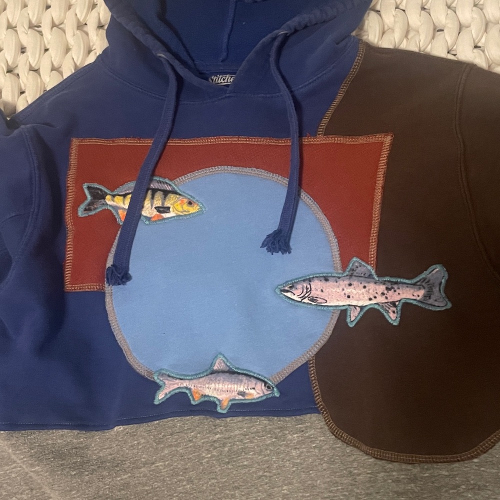 Handmade Hoodie sweatshirt The Goat's Coat One-of-A-Kind fish patches coloblock